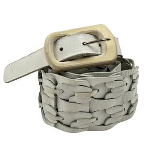 Nicole Farhi Woven Leather Belt White Wood Buckle Boho Made in Italy Size S